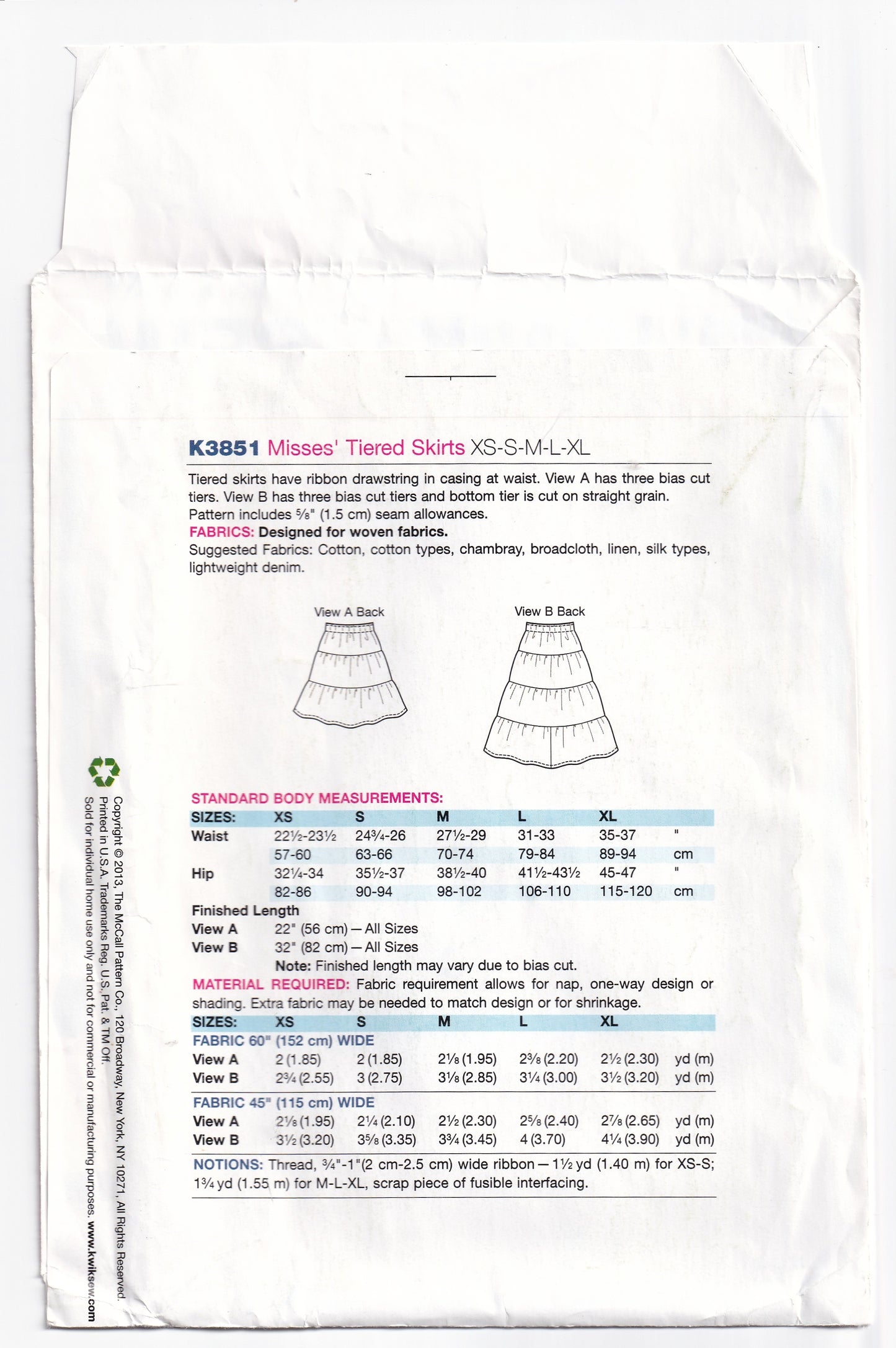 Kwik Sew 3851 Womens Classic Tiered Skirts Out Of Print Sewing Pattern Size XS - XL UNCUT Factory Folded