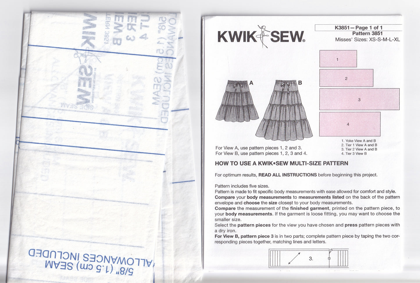 Kwik Sew 3851 Womens Classic Tiered Skirts Out Of Print Sewing Pattern Size XS - XL UNCUT Factory Folded