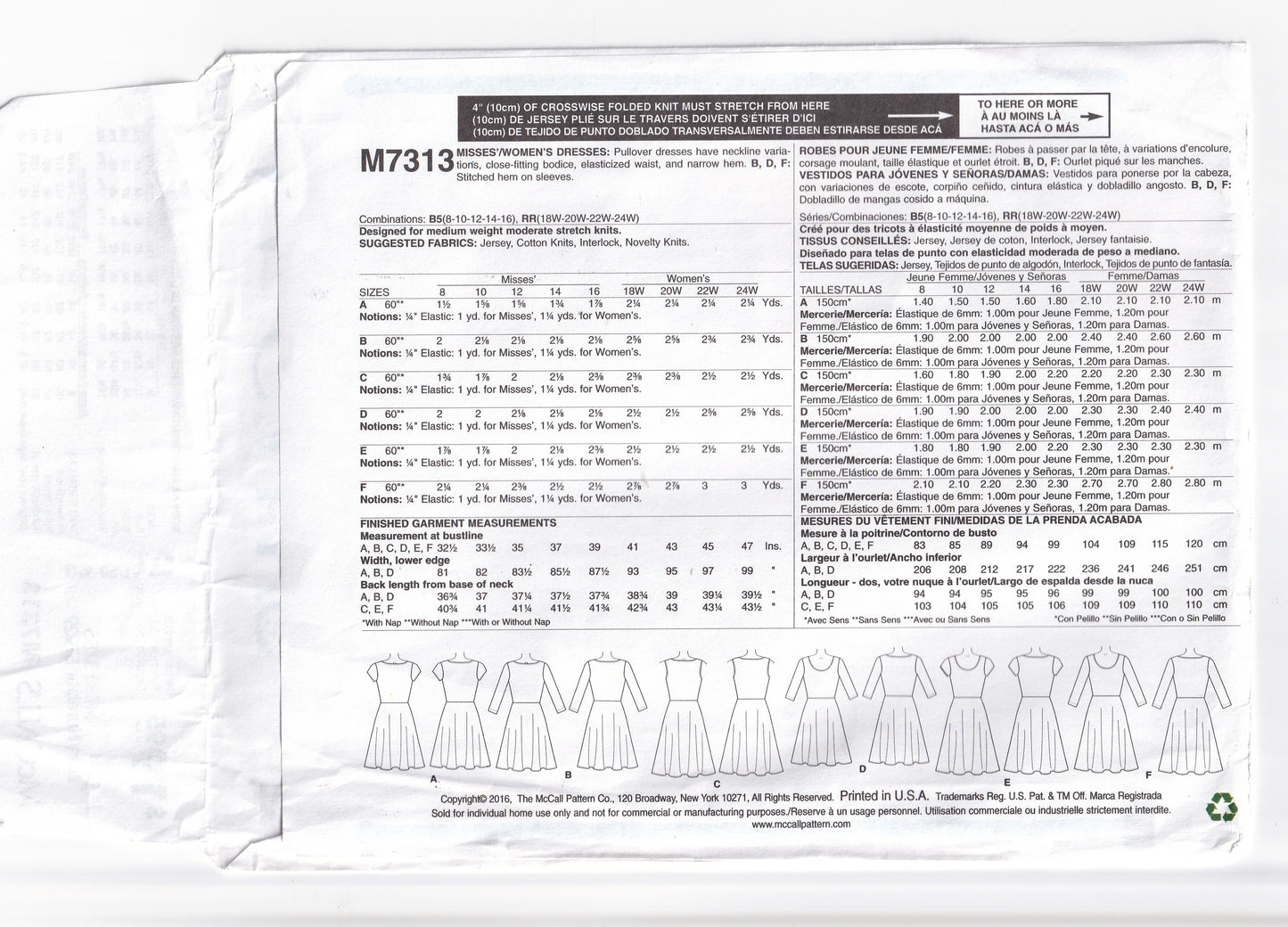 McCall's 7313 Womens Beginner's Stretch Knit Dress Out Of Print Sewing Pattern Sizes 8 - 16 UNCUT Factory Folded