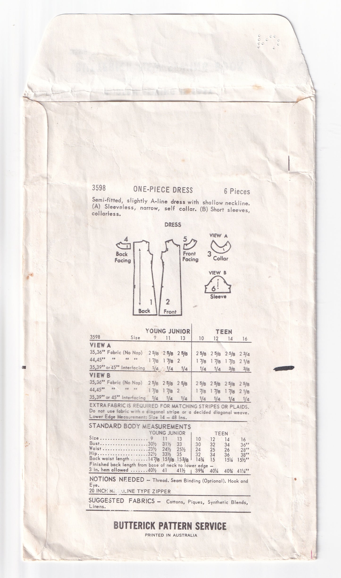 Butterick 3598 Womens Easy Classic Shift Dress with Collar 1960s Vintage Sewing Pattern Size 16 Bust 36 inches