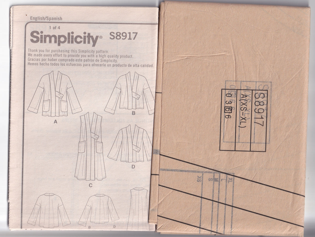 Simplicity 8917 Womens Unlined Kimono Jackets & Vest Out Of Print Paper Sewing Pattern Sizes XS - XL UNCUT Factory Folded