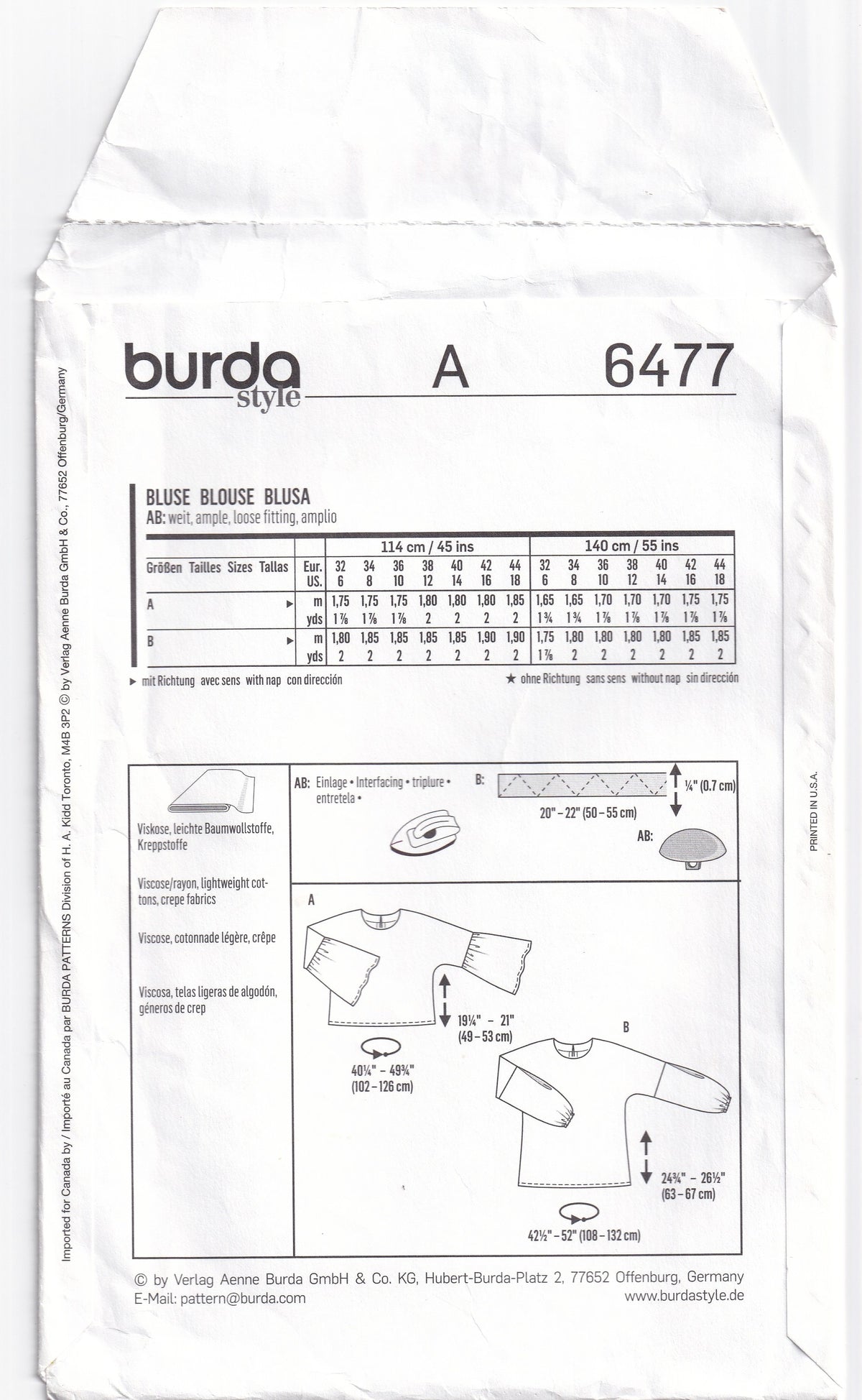 Burda Style 6477 Womens EASY Pullover Tops with Sleeve Variations Out Of Print Paper Sewing Pattern Sizes 6 - 18 UNCUT Factory Folded