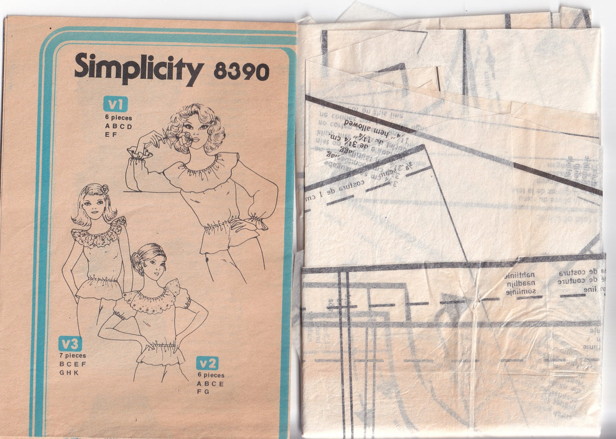 Simplicity 8390 Womens Ruffled Pullover Blouses 1970s Vintage Paper Sewing Pattern Size 12 Bust 34 inches