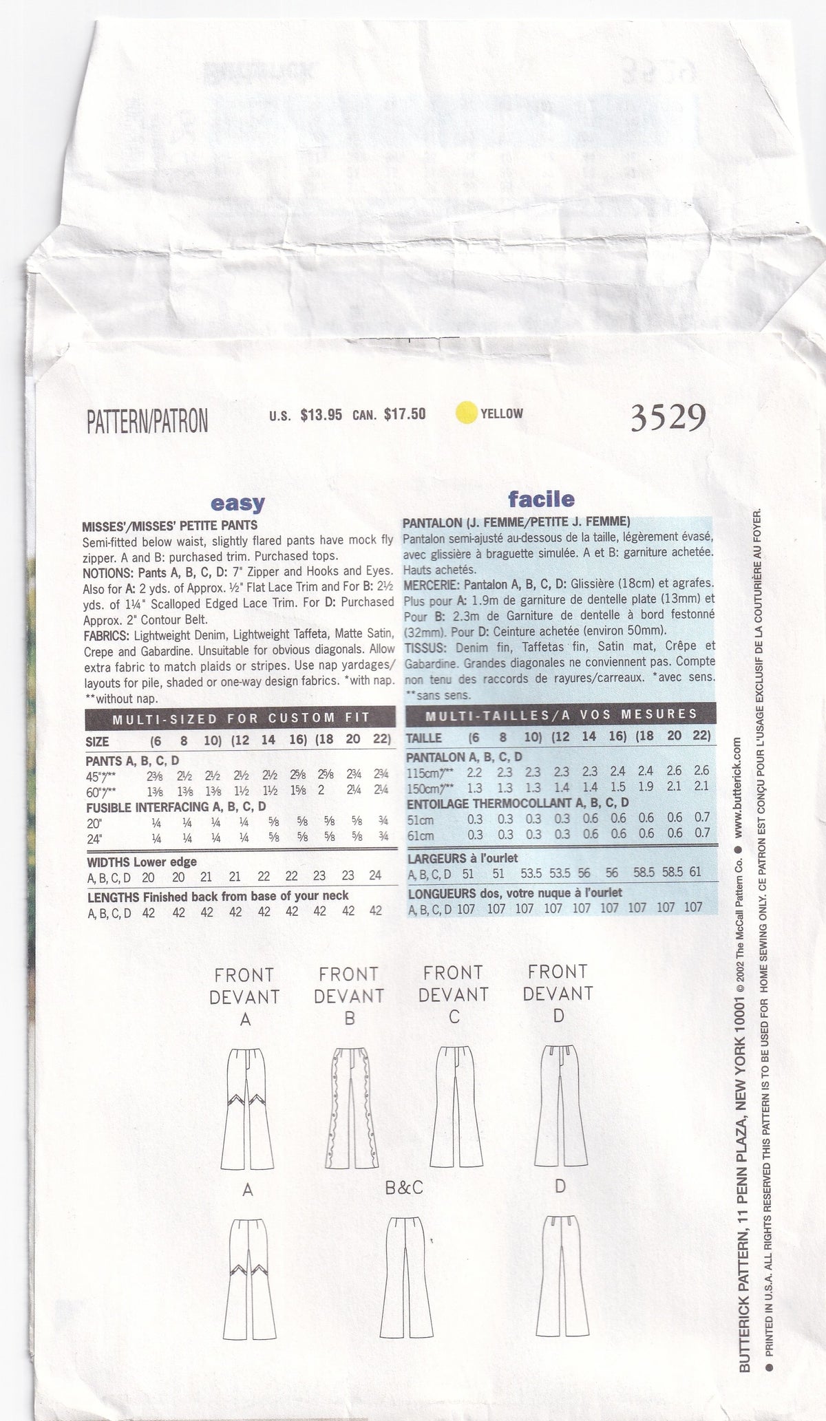 Butterick 3529 Womens Hipster Flared Pants Out Of Print Paper Sewing Pattern Size 18 - 22 UNCUT Factory Folded