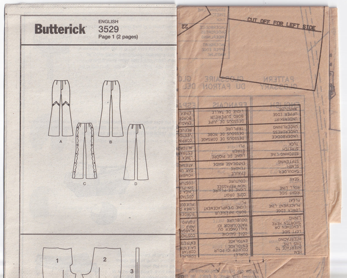 Butterick 3529 Womens Hipster Flared Pants Out Of Print Paper Sewing Pattern Size 18 - 22 UNCUT Factory Folded