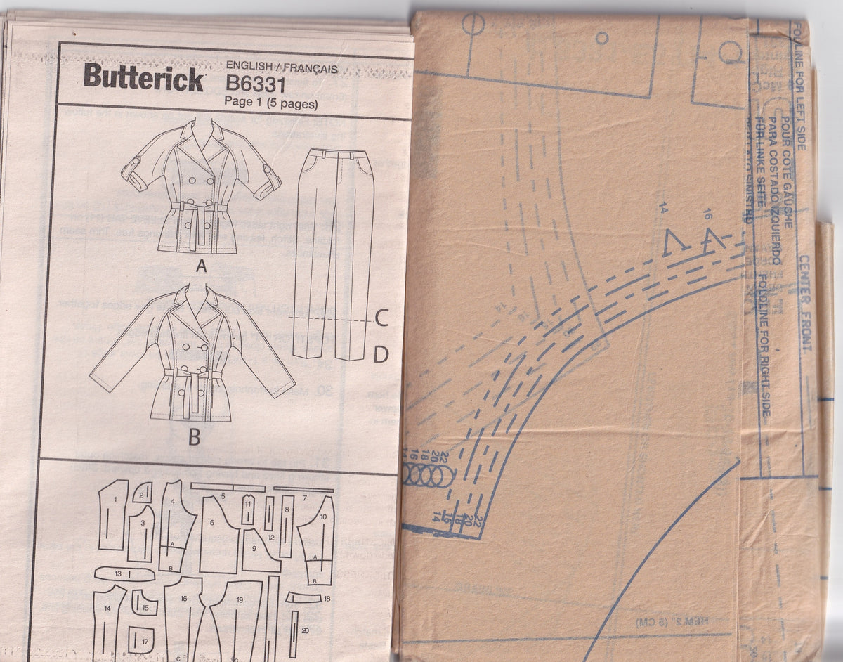 Butterick 6331 LISETTE Womens Double Breasted Trench Jacket & Pants Out Of Print Paper Sewing Pattern Sizes 14 - 22 UNCUT Factory Folded