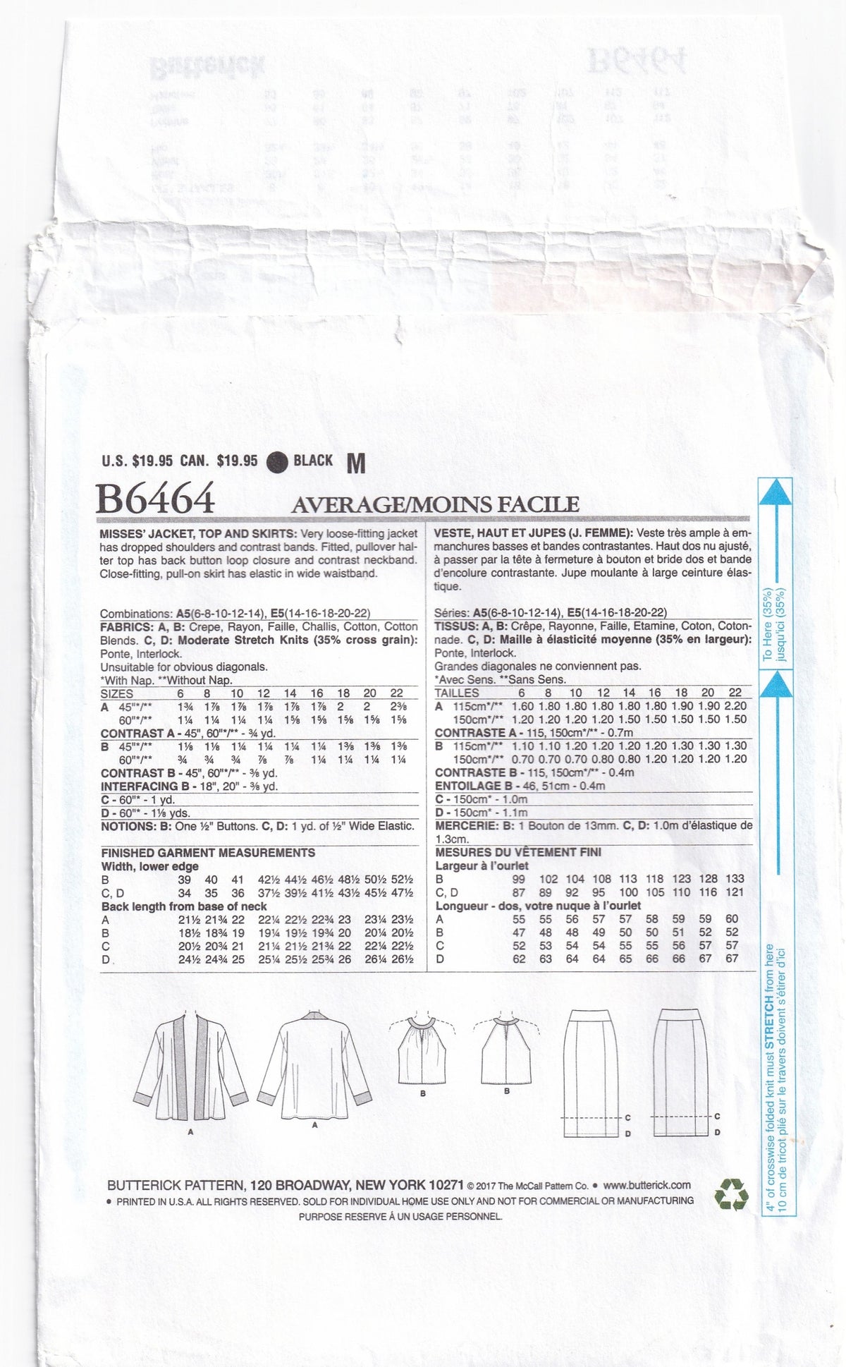 Butterick 6464 LISETTE Womens Stretch Knit Kimono Jacket Halter Top & Skirt Out Of Print Paper Sewing Pattern Sizes 14 - 22 UNCUT Factory Folded