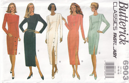 Butterick 6903 pattern envelope with five models wearing different colored dresses.