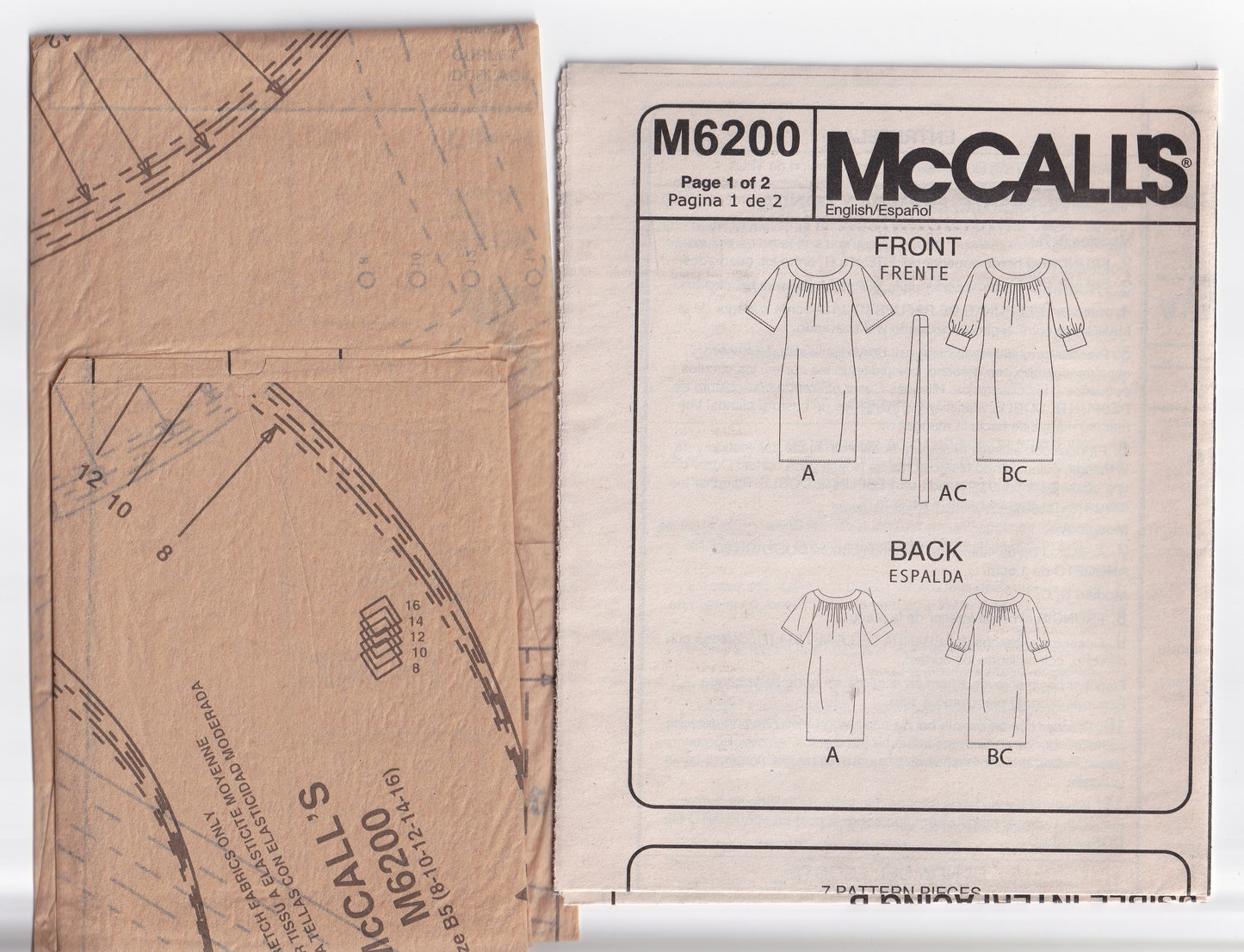 McCall's 6200 Womens EASY Pullover Raglan Sleeved Dresses Out Of Print Sewing Pattern Sizes 8 - 16 UNCUT Factory Folded