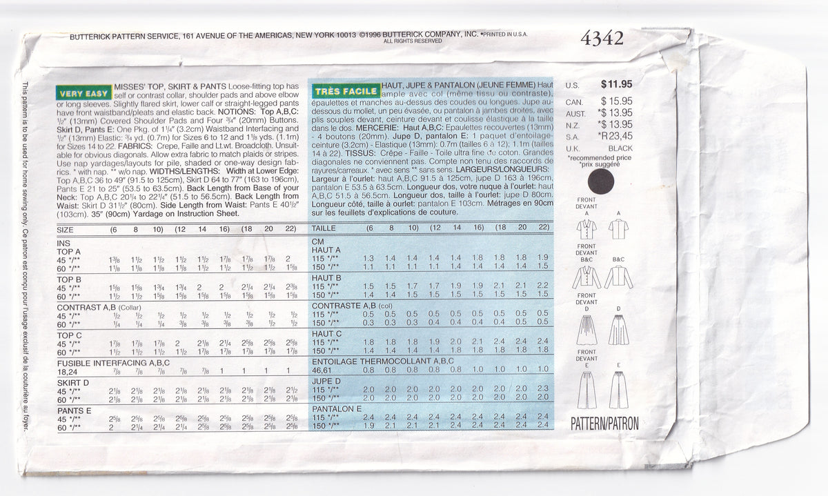 Butterick 4342 Womens Boxy Top Skirt & Pants 1990s Vintage Paper Sewin ...