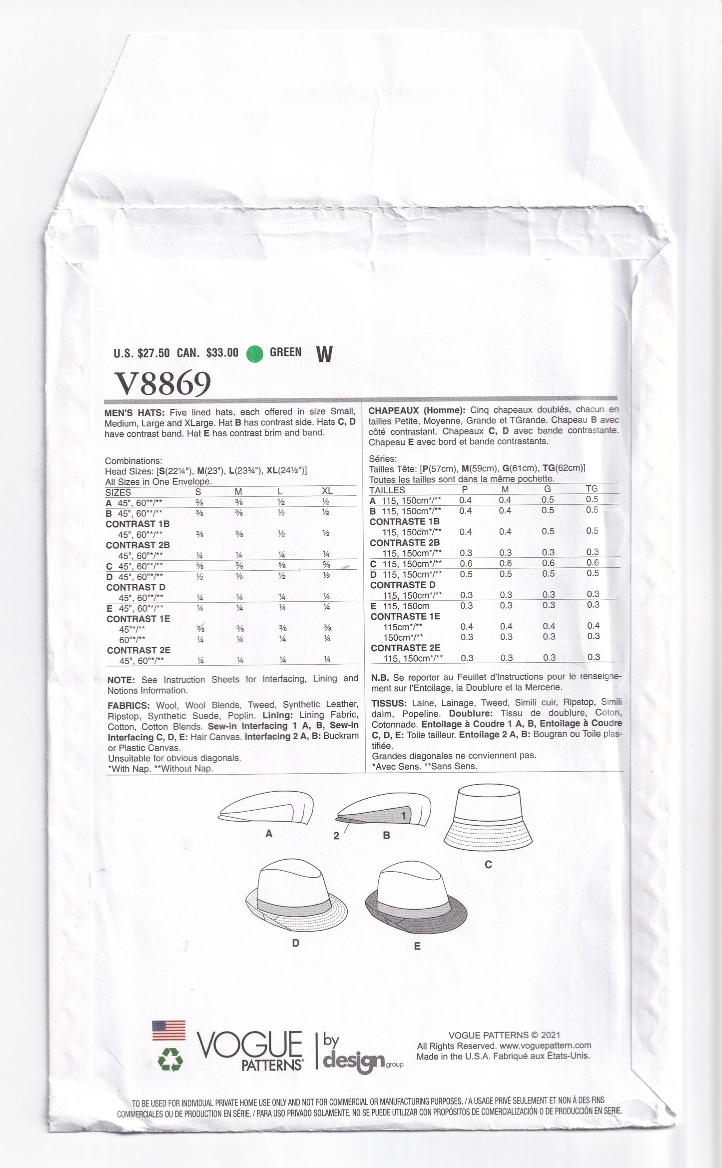 Vogue 8869 Mens Lined Hats Sewing Pattern ONE SIZE UNCUT Factory Folded