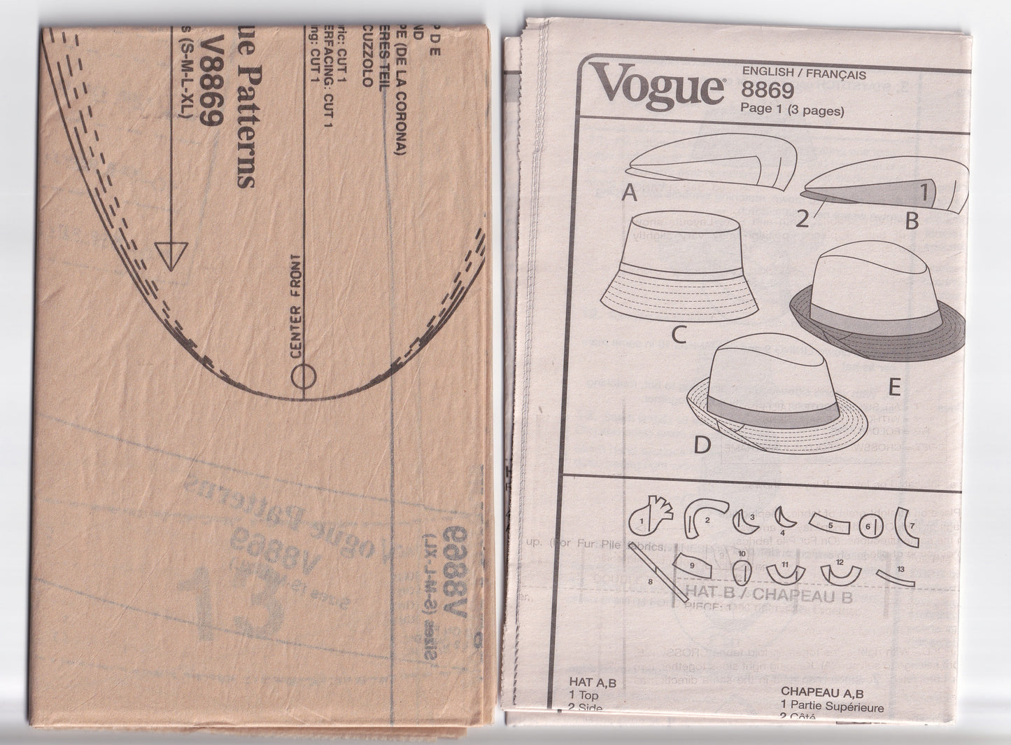 Vogue 8869 Mens Lined Hats Sewing Pattern ONE SIZE UNCUT Factory Folded