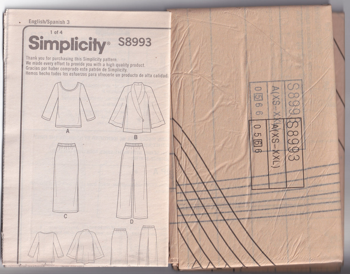 Simplicity 8993 Womens EASY Stretch Knit Wrap Jacket Top Skirt & Pants Out Of Print Paper Sewing Pattern Sizes XS - XXL UNCUT Factory Folded