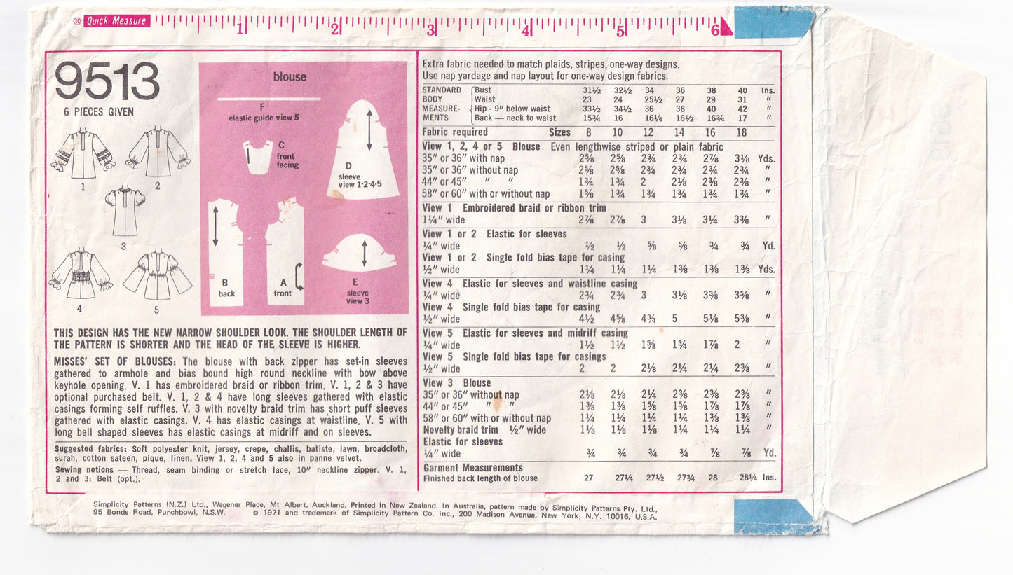 Simplicity 9513 Womens Puff Sleeved Pullover Hippie Shirt 1970s Vintage Sewing Pattern Size 14 Bust 36 Inches