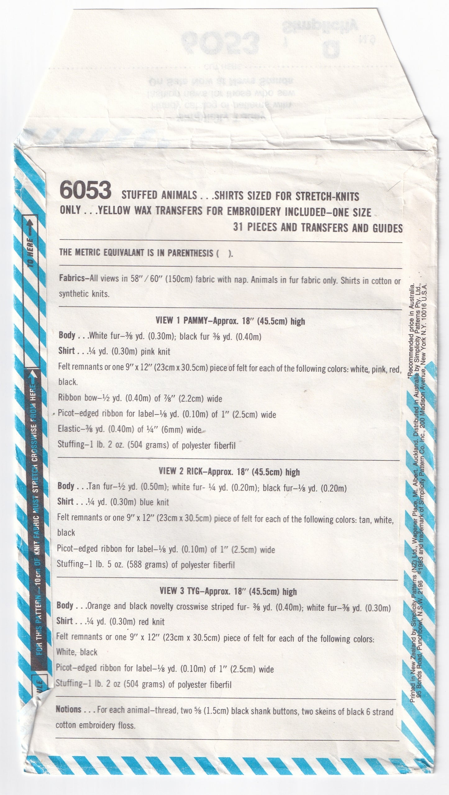 Simplicity 6053 Stuffed Soft Toys Panda Tiger & Fox 1980s Vintage Sewing Pattern UNCUT Factory Folded