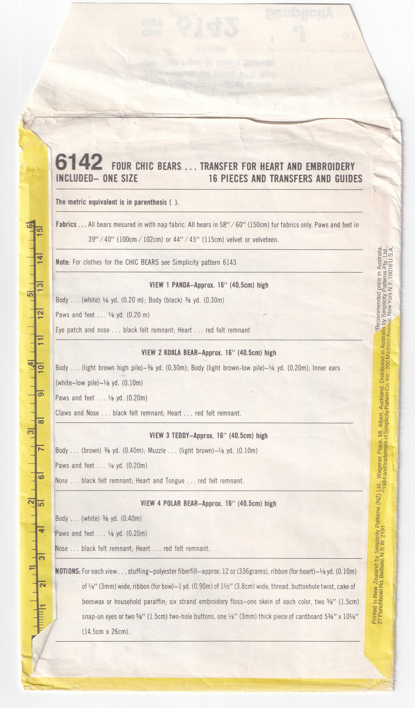 Simplicity 6142 Stuffed Soft Toys Panda Teddy Bear Koala & Polar Bear 1980s Vintage Sewing Pattern UNCUT Factory Folded