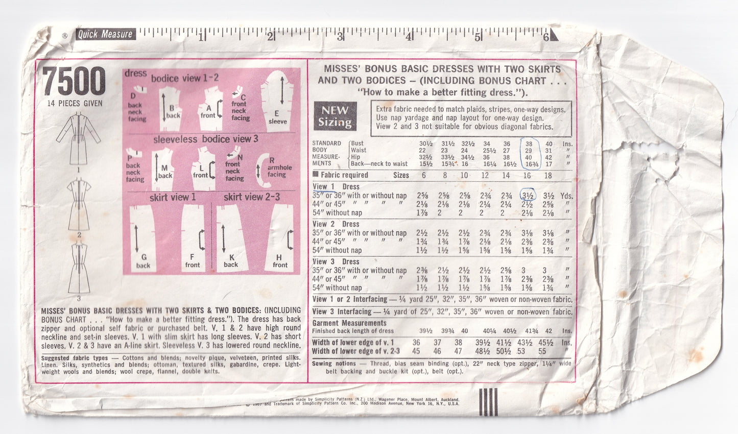 Simplicity 7500 Womens Fitted Dress with 2 Skirts 1960s Vintage Sewing Pattern Size 16 Bust 38 Inches