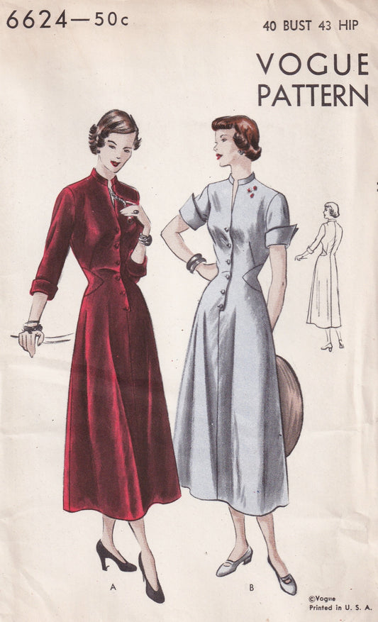 Vogue 6624 RARE Womens Fit & Flared Dress with Cuffs & Side Panels 1940s Vintage Paper Sewing Pattern Bust 40 Inches UNUSED Factory Folded