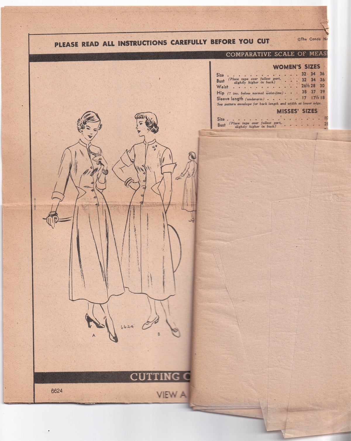 Vogue 6624 RARE Womens Fit & Flared Dress with Cuffs & Side Panels 1940s Vintage Paper Sewing Pattern Bust 40 Inches UNUSED Factory Folded