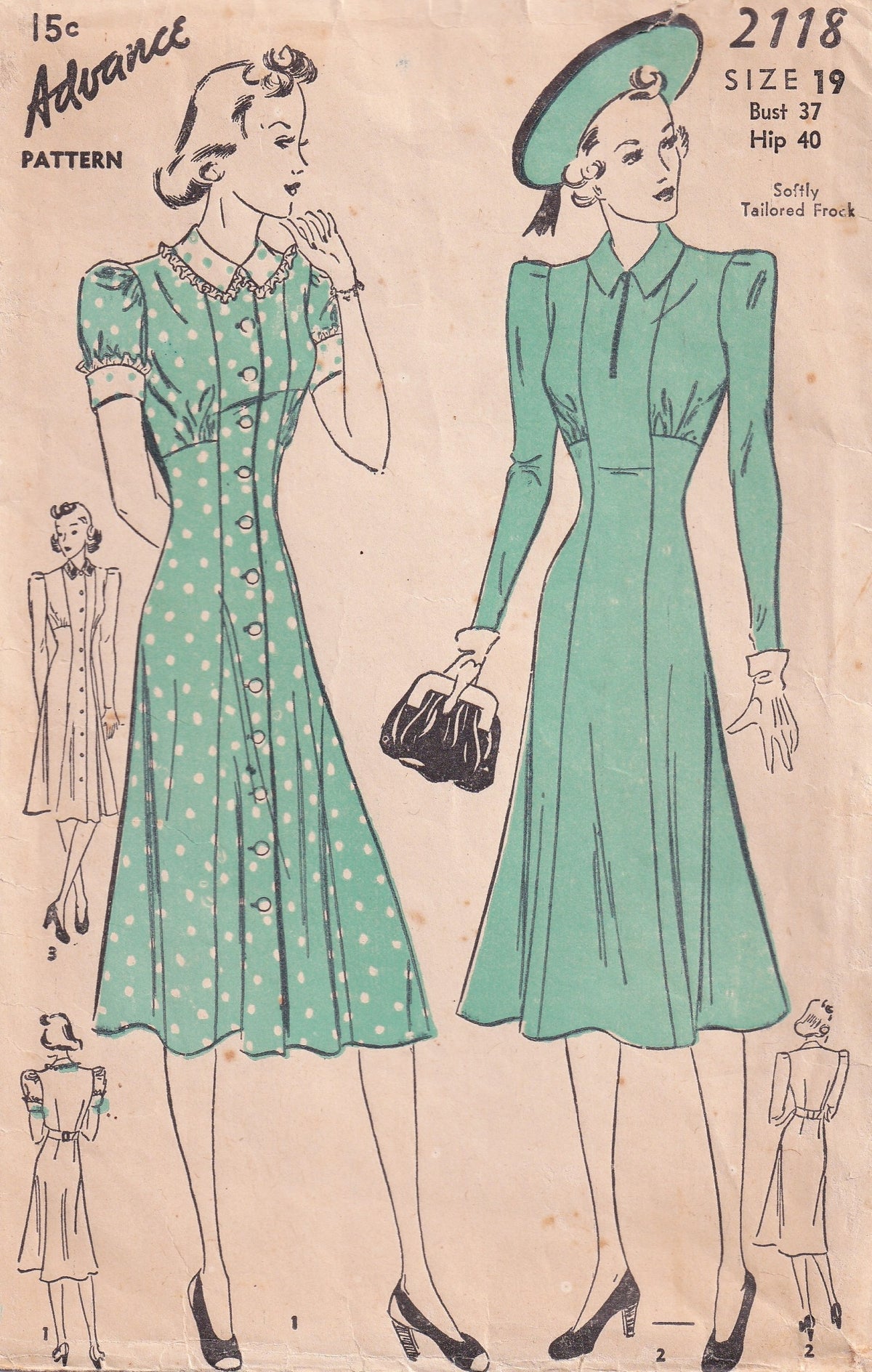Advance 2118 RARE Womens Fit & Flared Dress 1930s Vintage Paper Sewing Pattern Bust 37 Inches