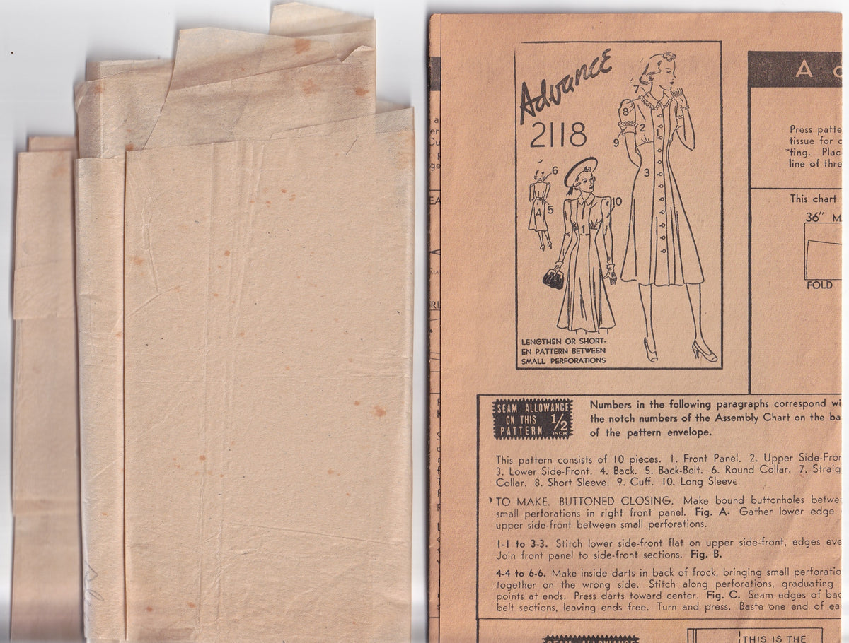 Advance 2118 RARE Womens Fit & Flared Dress 1930s Vintage Paper Sewing Pattern Bust 37 Inches