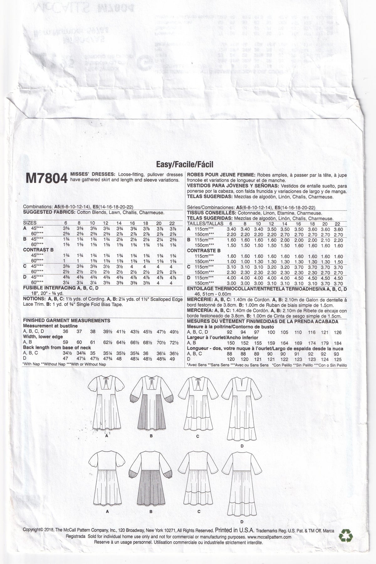 McCall's 7804 Womens LAURA ASHLEY Pullover Dresses with Side Panels Out Of Print Paper Sewing Pattern Sizes 6 - 14 UNCUT Factory Folded