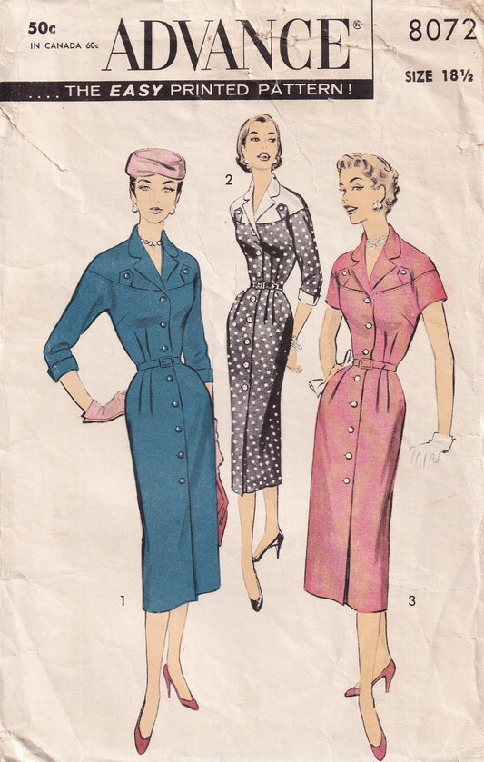 Advance 8072 Womens Half Size Yoked Sheath Dress 1950s Vintage Paper Sewing Pattern Bust 39 Inches