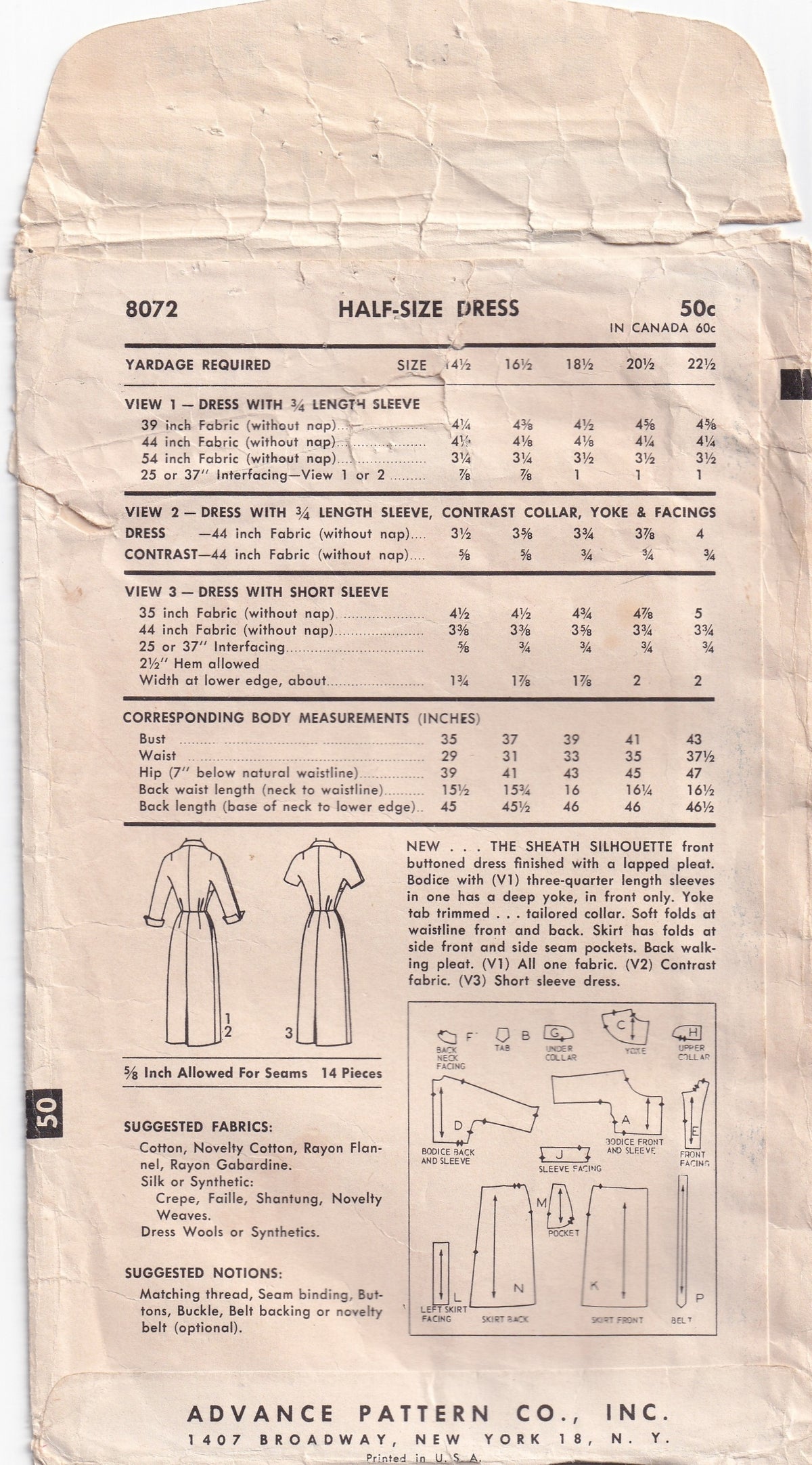 Advance 8072 Womens Half Size Yoked Sheath Dress 1950s Vintage Paper Sewing Pattern Bust 39 Inches