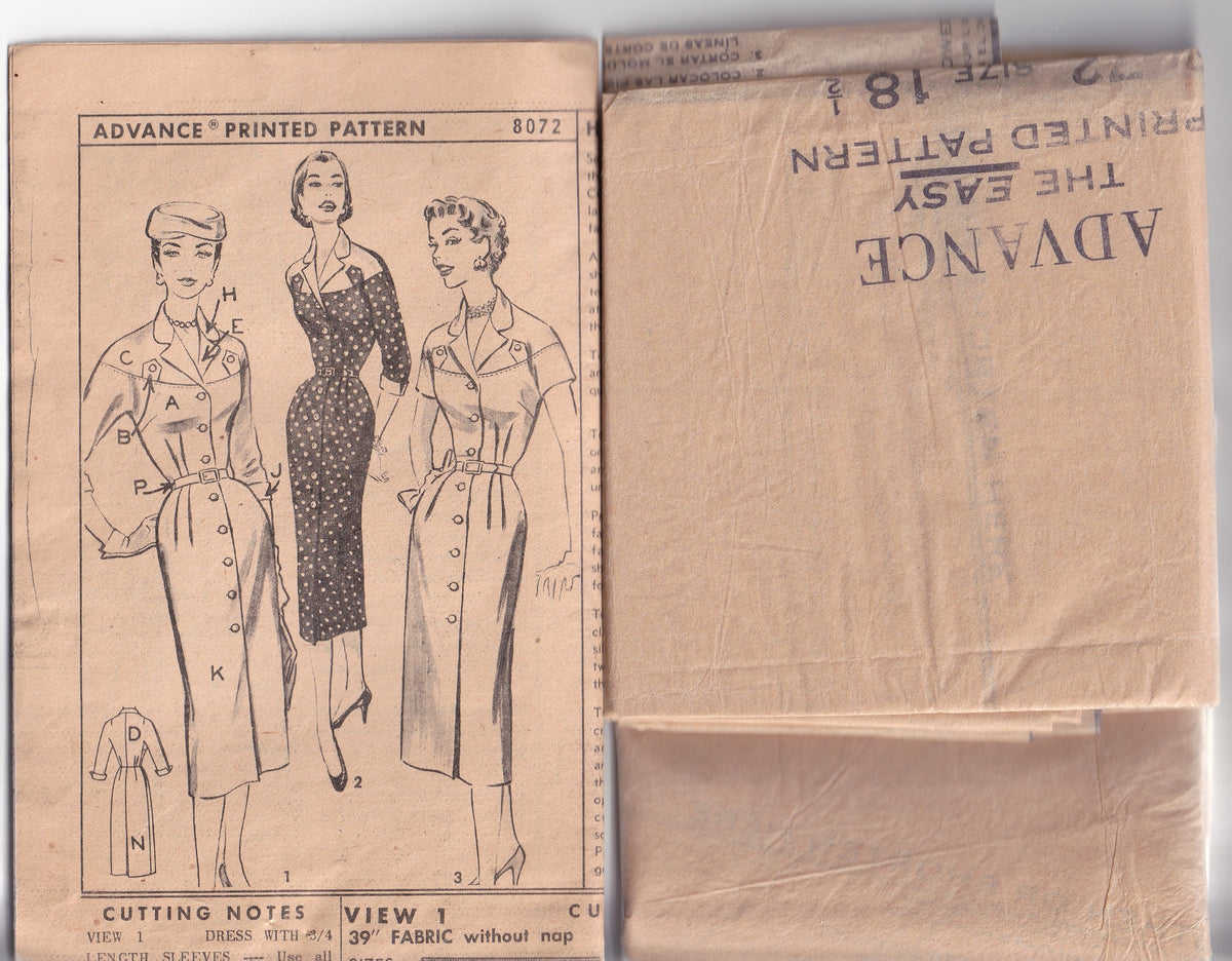 Advance 8072 Womens Half Size Yoked Sheath Dress 1950s Vintage Paper Sewing Pattern Bust 39 Inches