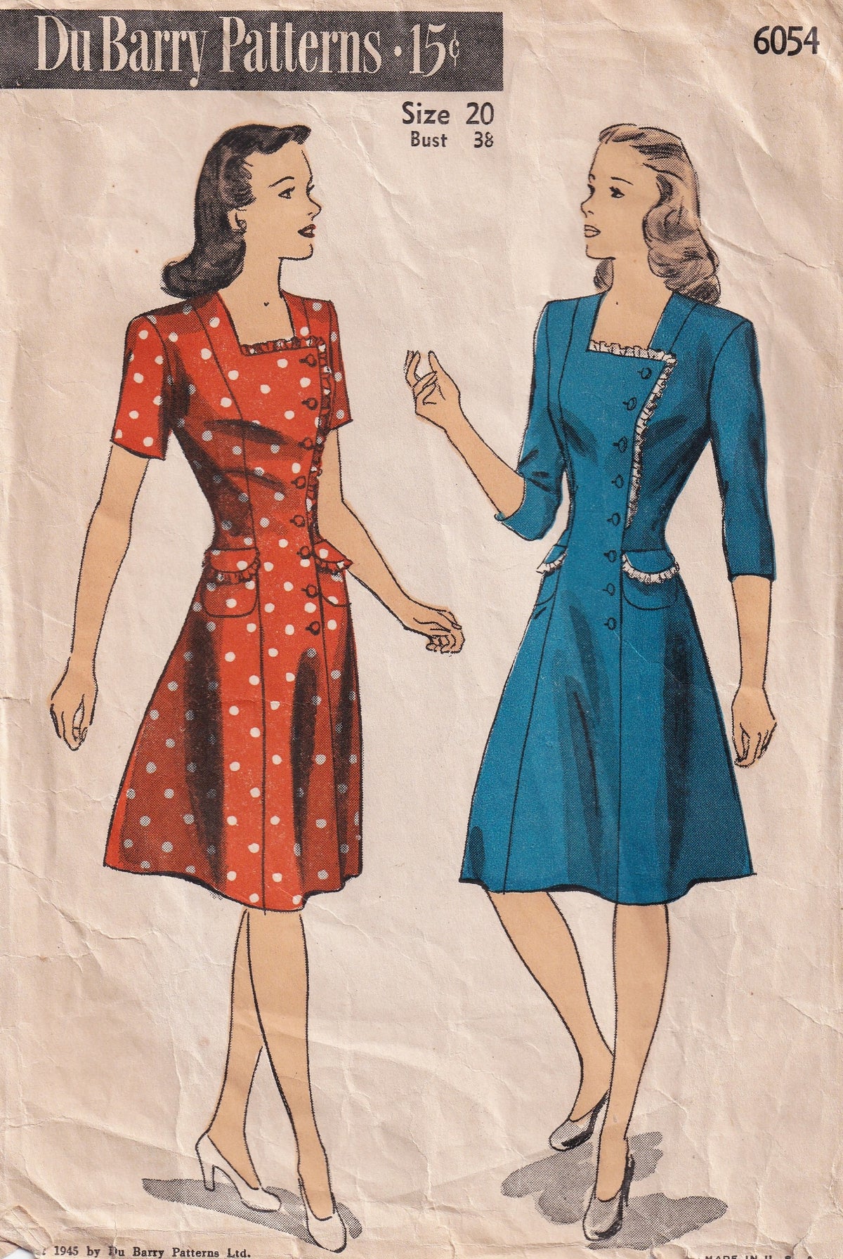 Du Barry 6054 RARE Womens Fit & Flared Square Neck Princess Dress with Pockets 1940s Vintage Paper Sewing Pattern Bust 38 Inches