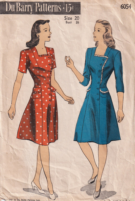 Du Barry 6054 RARE Womens Fit & Flared Square Neck Princess Dress with Pockets 1940s Vintage Paper Sewing Pattern Bust 38 Inches