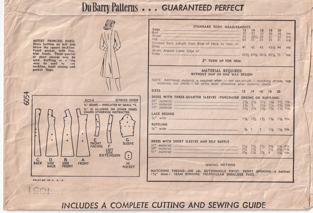 Du Barry 6054 RARE Womens Fit & Flared Square Neck Princess Dress with Pockets 1940s Vintage Paper Sewing Pattern Bust 38 Inches