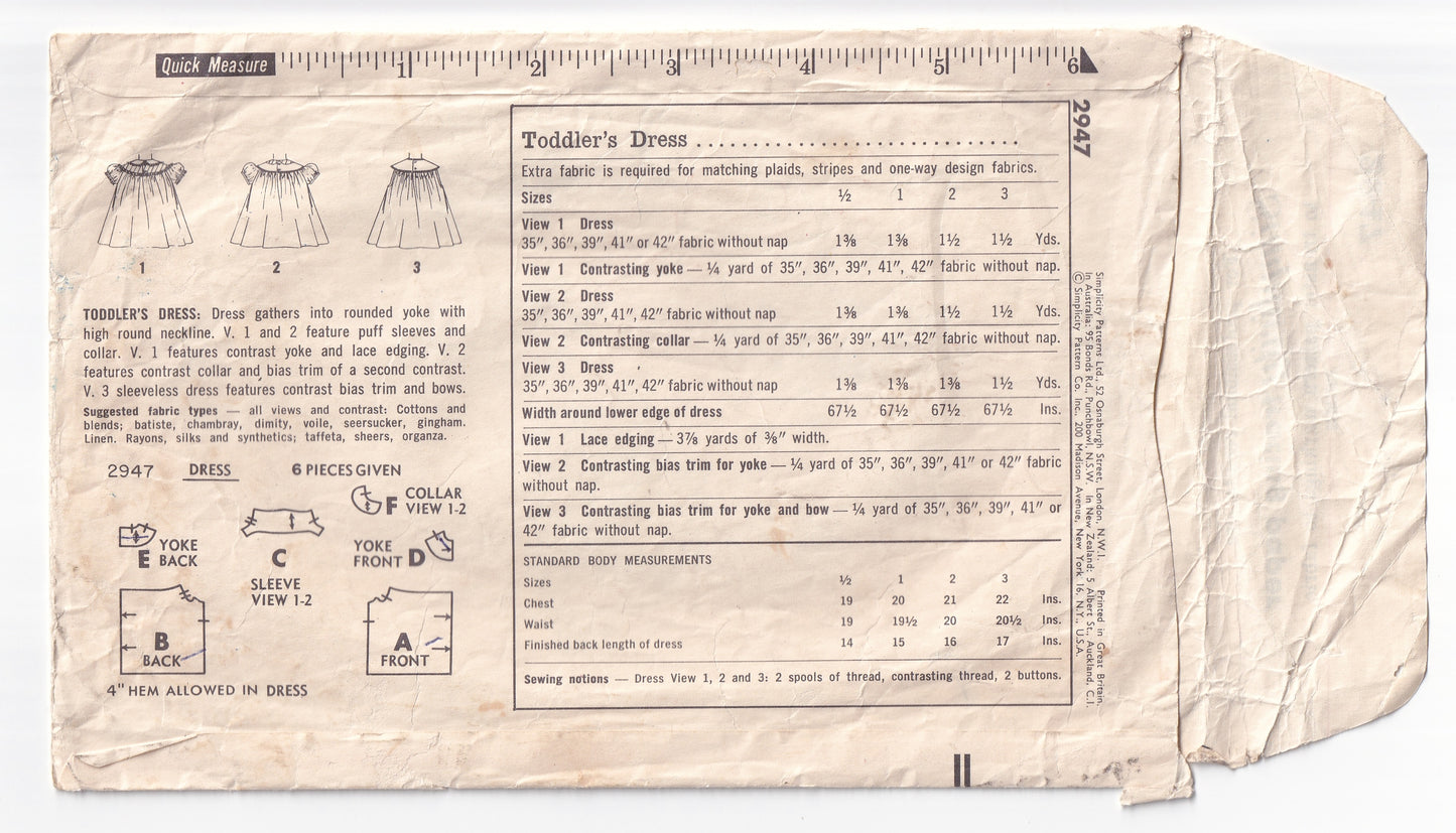 Simplicity 2947 Traditional Toddler Girls Round Yoked Smock Dress 1950s Vintage Paper Sewing Pattern Size 2 years