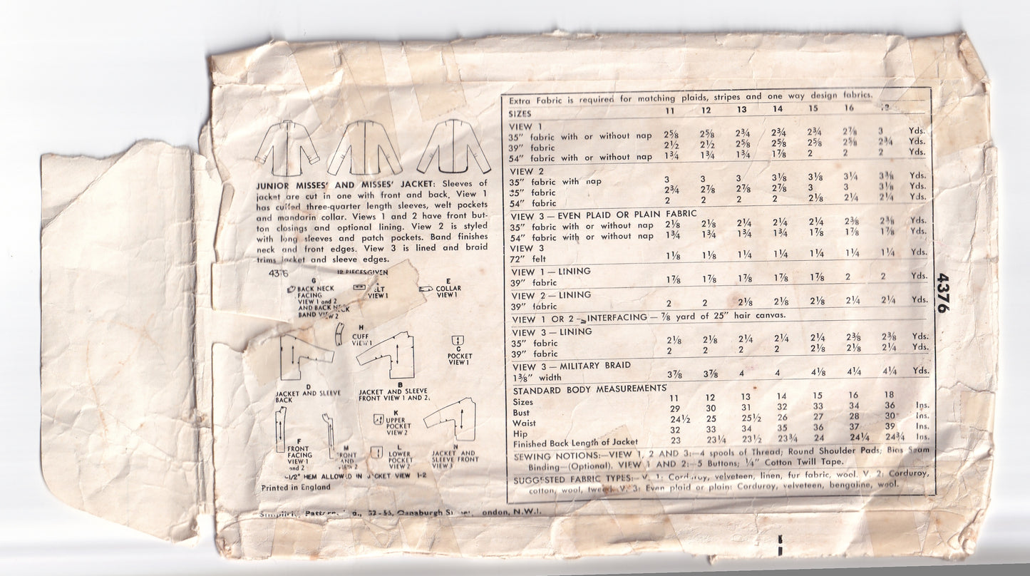 Simplicity 4376 Womens or Teen Girls Box Jackets in 3 Styles 1950s Vintage Sewing Pattern Bust 30 inches