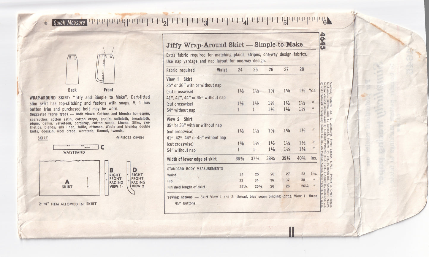 Simplicity 4645 Womens Wrap Pencil Skirts 1960s Vintage Paper Sewing Pattern Waist 26 inches UNUSED Factory Folded