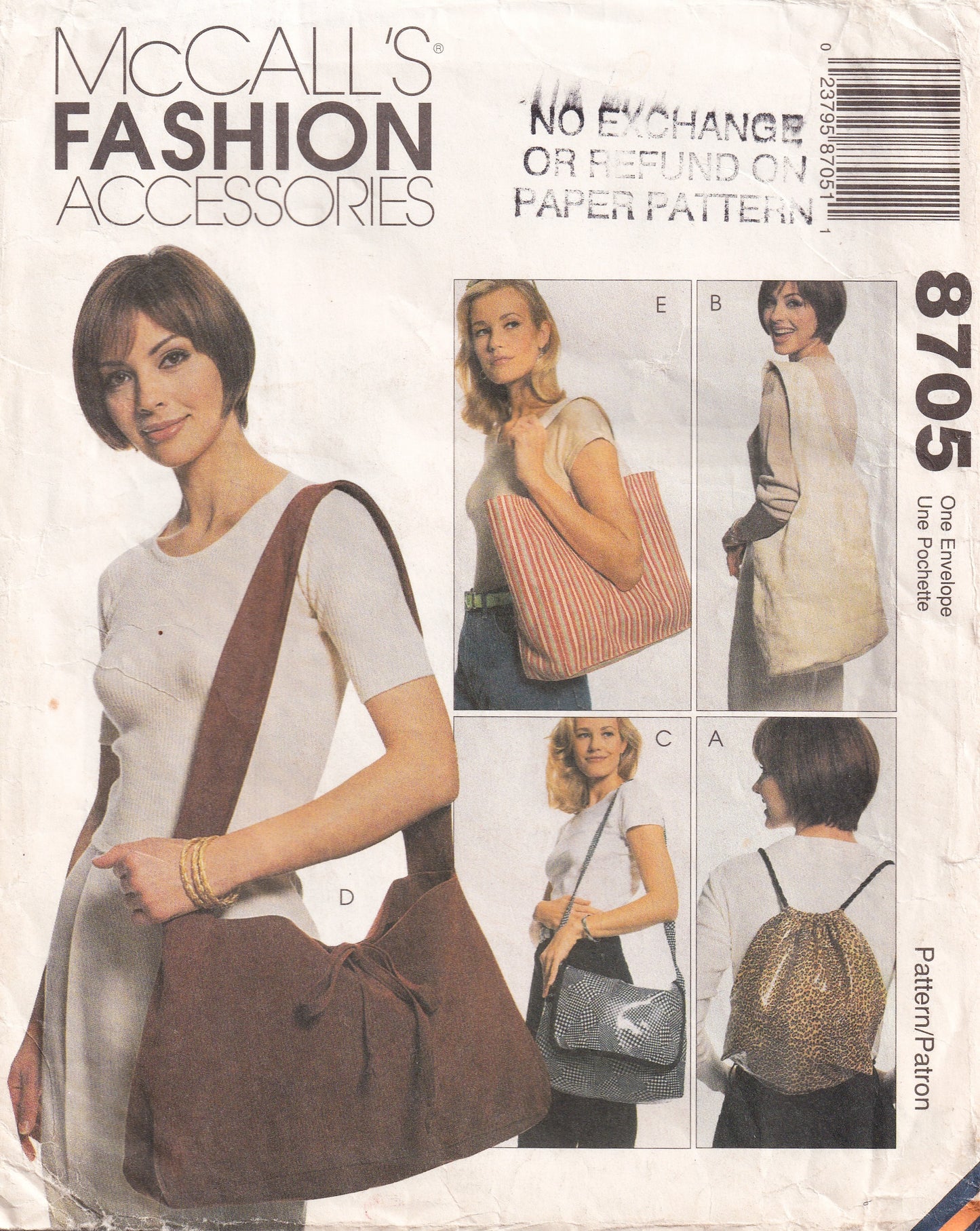 McCall's 8705 Womens Large Tote Messenger Sling Bag & Carry On Bag 1990s Vintage Paper Sewing Pattern UNCUT Factory Folded