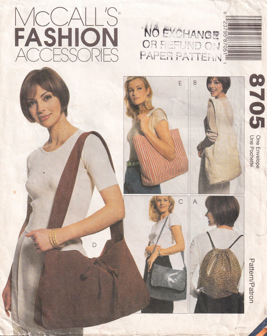 McCall's 8705 Womens Large Tote Messenger Sling Bag & Carry On Bag 1990s Vintage Paper Sewing Pattern UNCUT Factory Folded