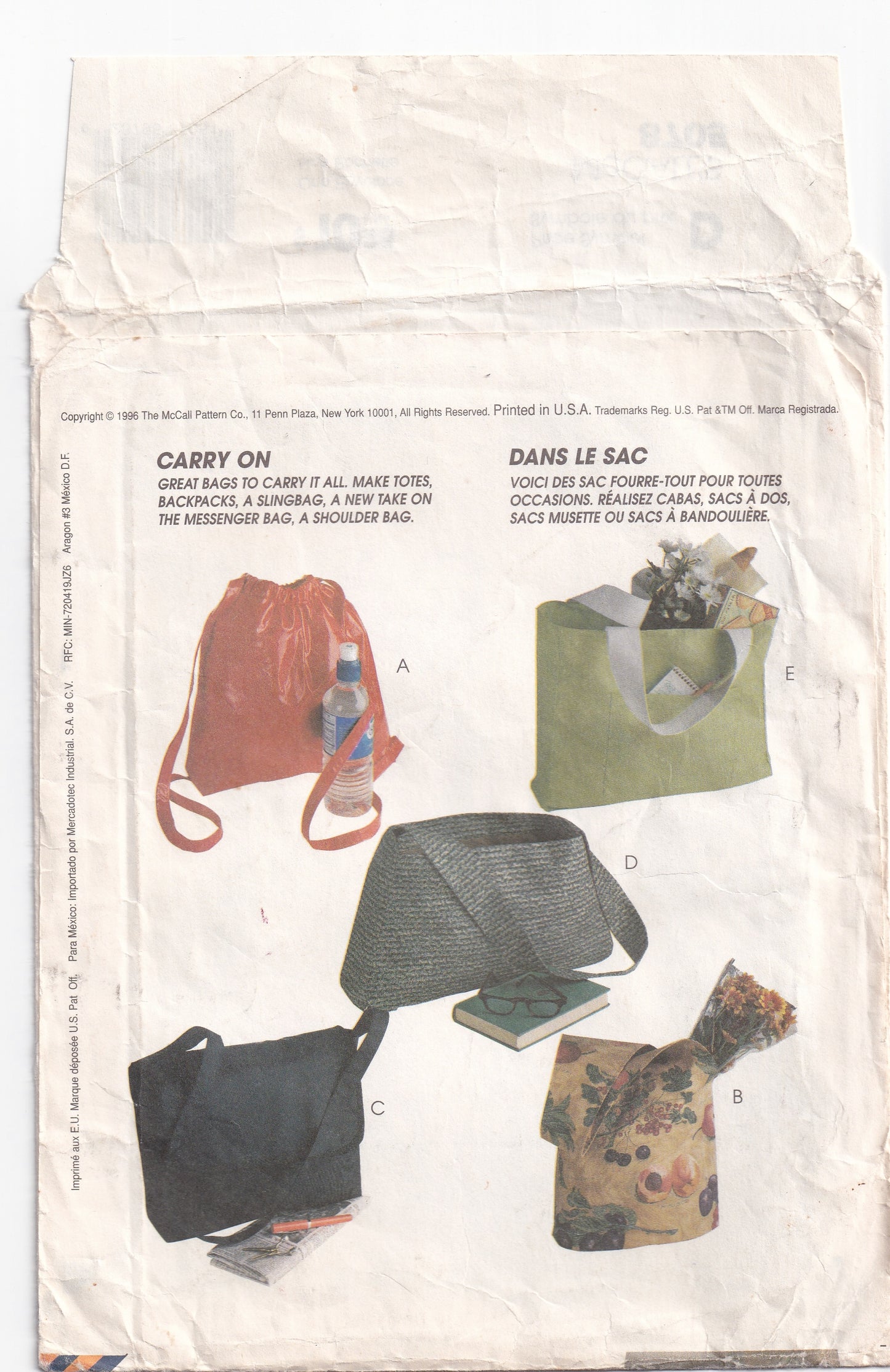 McCall's 8705 Womens Large Tote Messenger Sling Bag & Carry On Bag 1990s Vintage Paper Sewing Pattern UNCUT Factory Folded