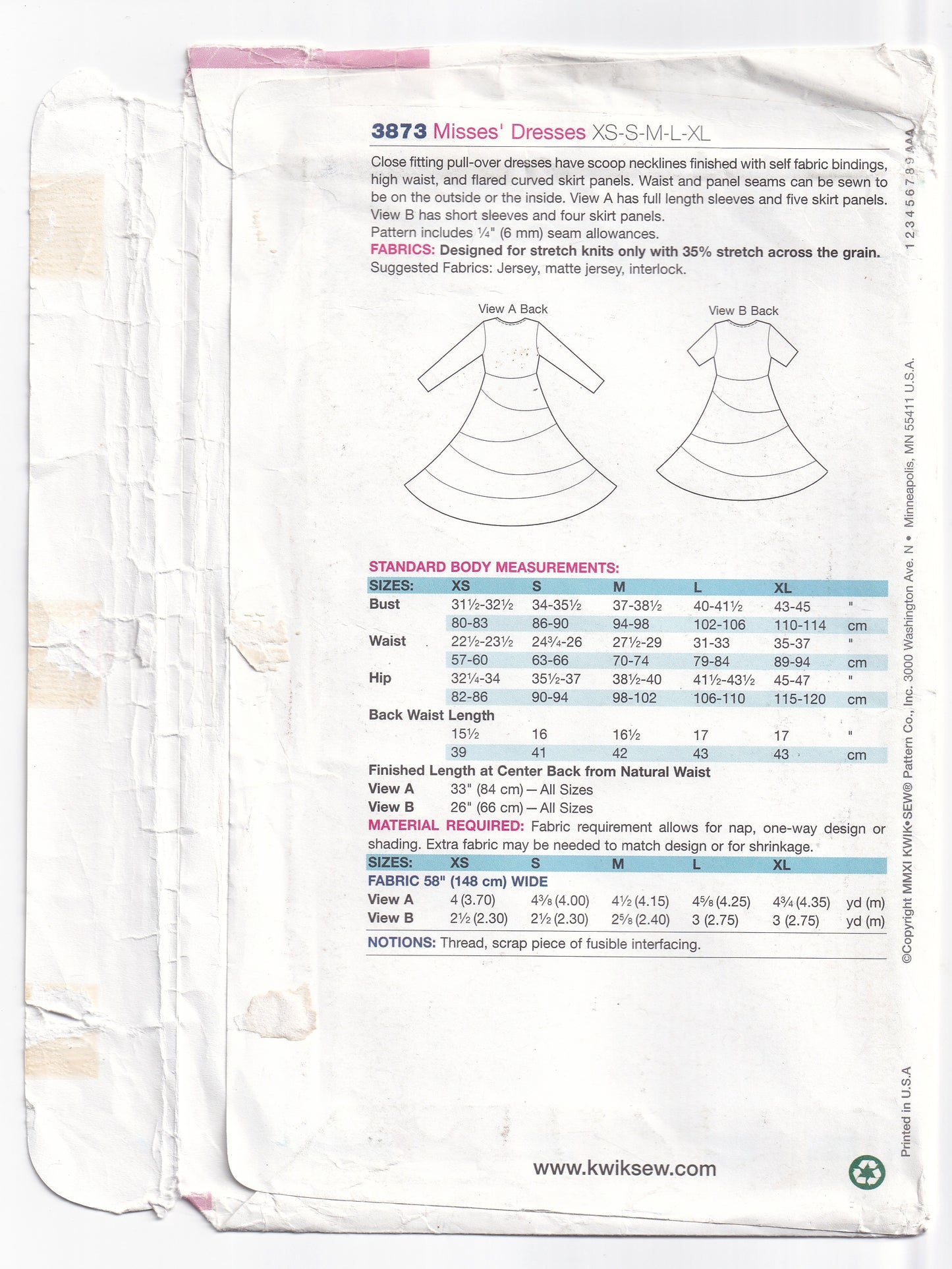 Kwik Sew 3873 Womens Stretch Knit Pullover Dress with Curved Skirt Panels Out Of Print Paper Sewing Pattern Size XS - XL UNCUT Factory Folded
