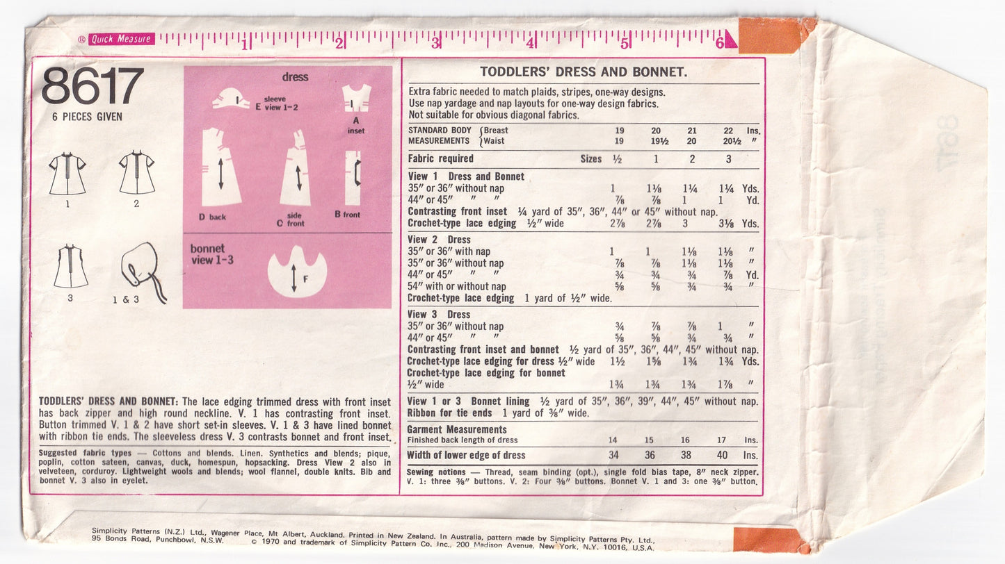 Simplicity 8617 Toddler Girls Yoked Mini Dress & Bonnet 1970s Vintage Paper Sewing Pattern Size 2