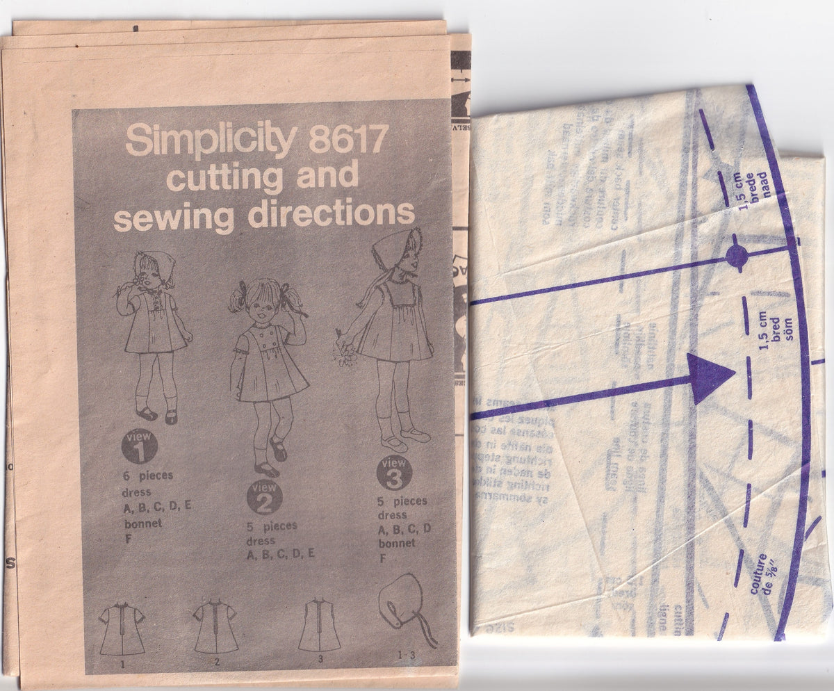 Simplicity 8617 Toddler Girls Yoked Mini Dress & Bonnet 1970s Vintage Paper Sewing Pattern Size 2