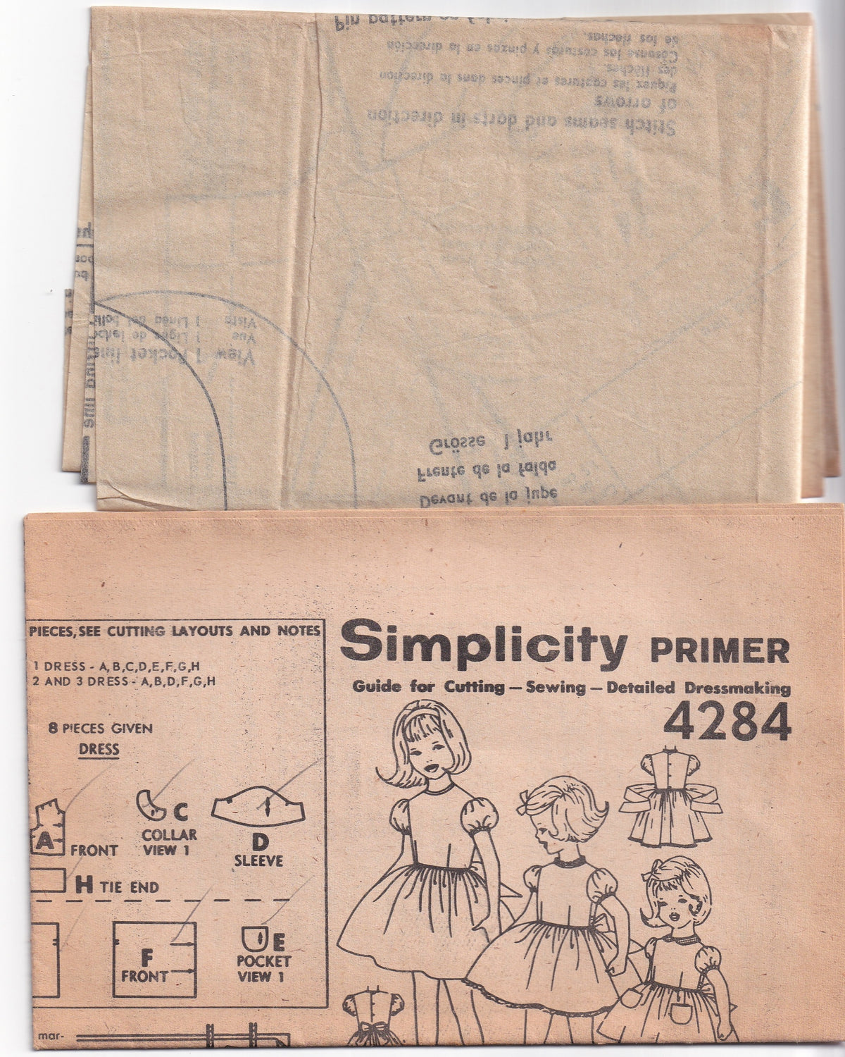Simplicity 4284 Toddler Girls Gingham Full Skirt Dress 1960s Vintage Paper Sewing Pattern Size 1