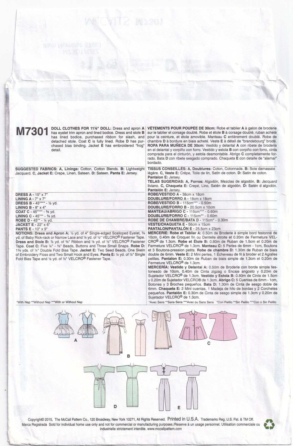McCall's 7301 Retro Barbie Dolls Clothing 11.5 Inch Dolls Clothes Out Of Print Paper Sewing Pattern UNCUT Factory Folded