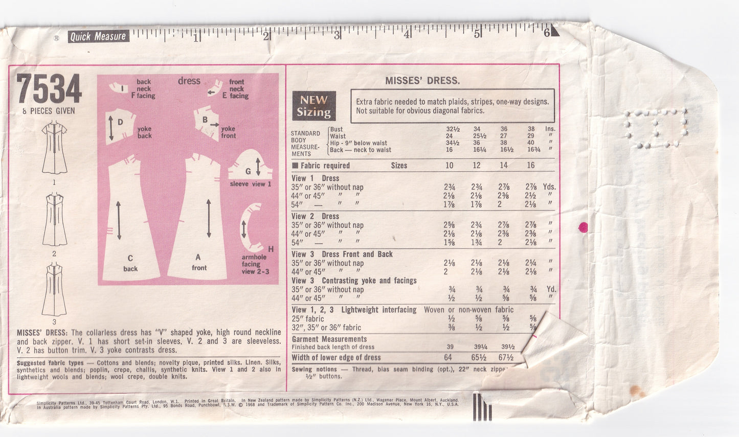 Simplicity 7534 Womens A Line Dress with Contrast Yoke 1960s Vintage Paper Sewing Pattern Size 16 Bust 38 Inches
