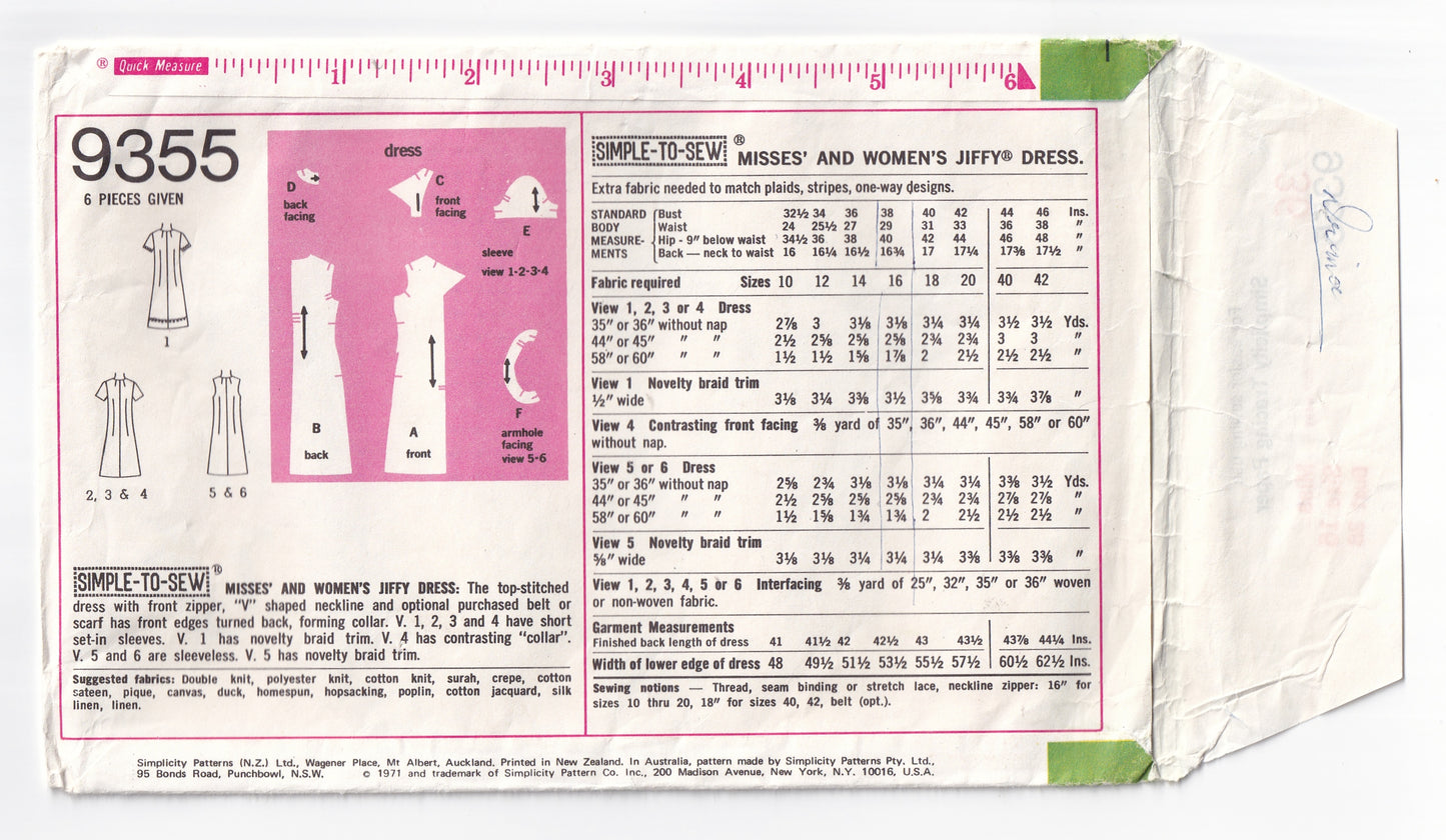 Simplicity 9355 Womens JIFFY Zip Front Shift Dress 1970s Vintage Sewing Pattern Size 16 Bust 38 Inches