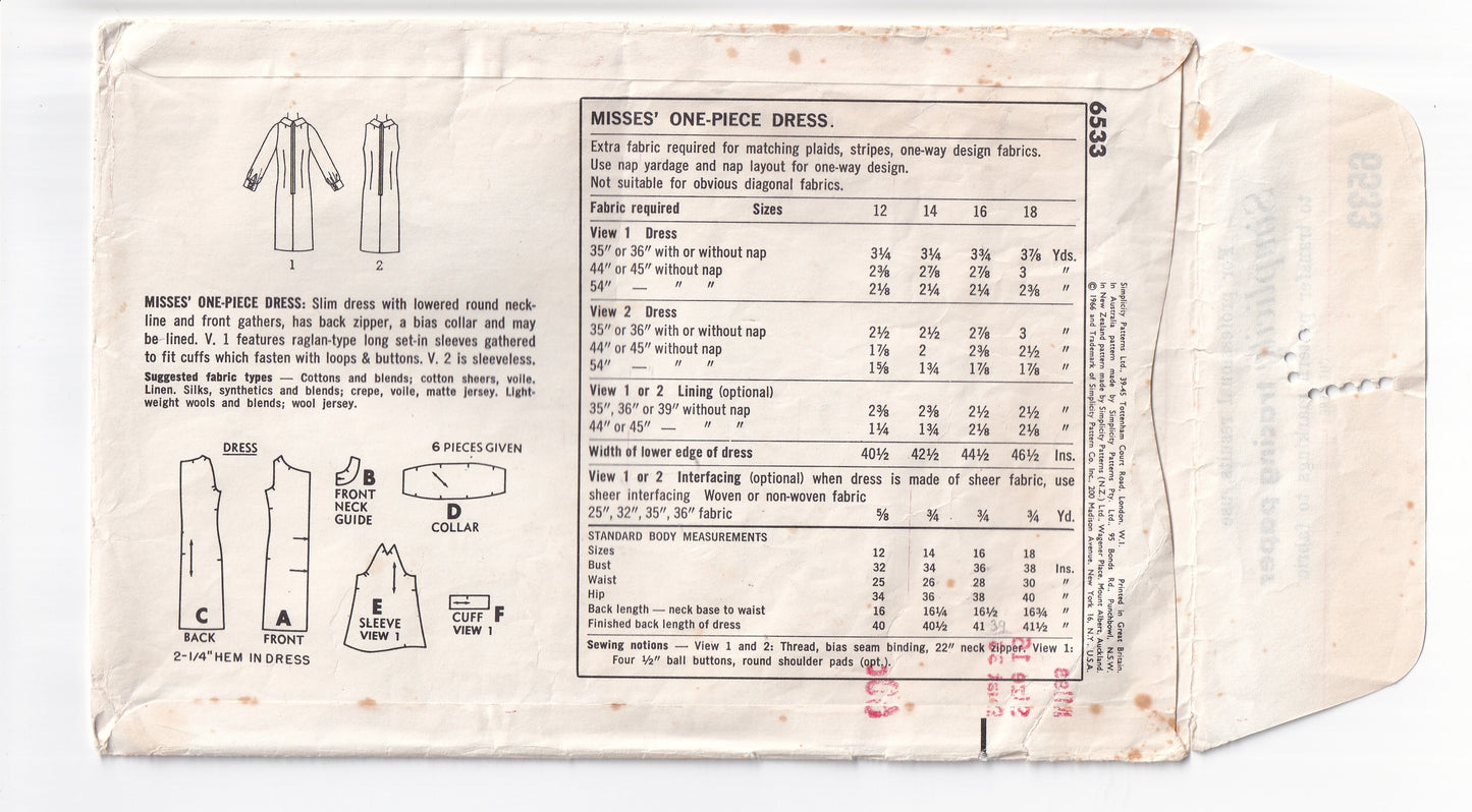 Simplicity 6533 Womens Roll Collar Evening Dress 1960s Vintage Paper Sewing Pattern Size 16 Bust 36 inches