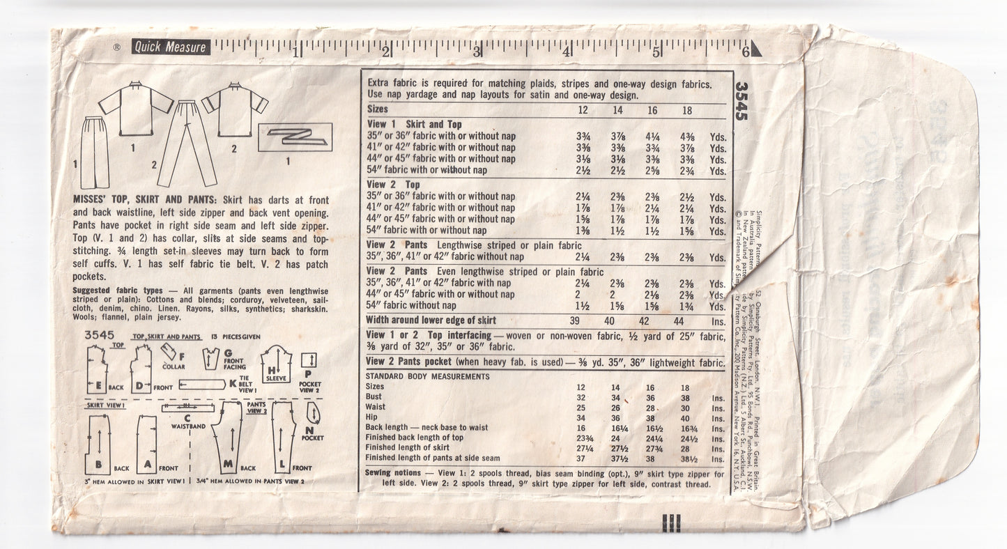 Simplicity 3545 Womens Pullover Top Slim Skirt & Tapered Pants 1960s Vintage Sewing Pattern Size 12 Bust 32 inches