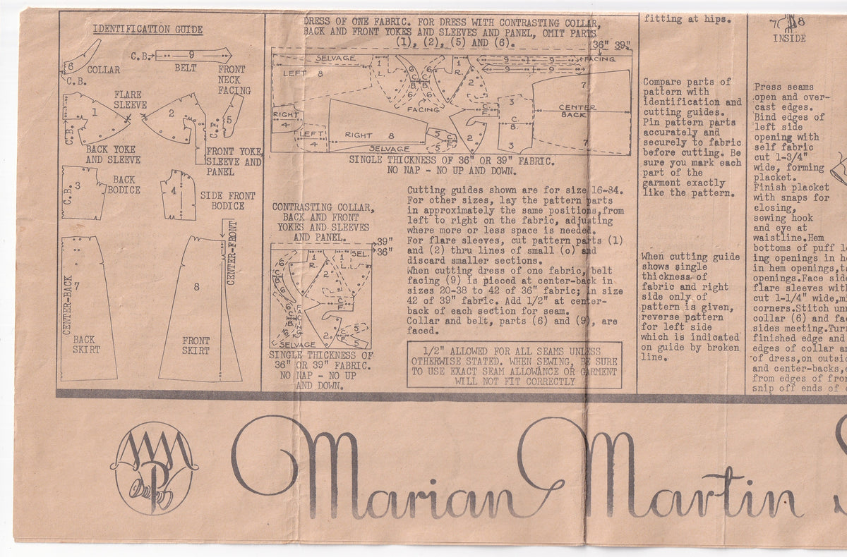 Marian Martin 9228 Womens Flutter Sleeved Dress with Gathered Bust 1930s Vintage Paper Sewing Pattern Bust 38 inches