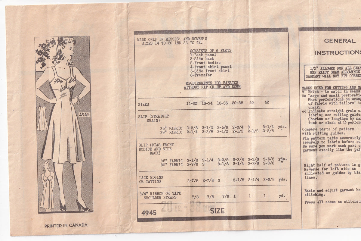 Anne Adams 4945 Womens Bra Slip 1940s Vintage Paper Sewing Pattern Bust 38 inches