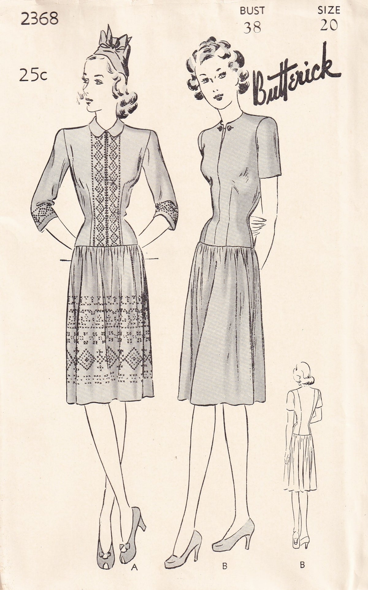Butterick 2368 Womens Fitted Dropped Waist Dress with Gathered Skirt 1940s Vintage Paper Sewing Pattern Bust 38 inches UNUSED Factory Folded